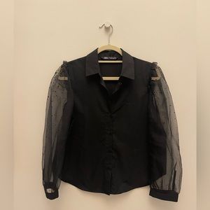 Zara Button Down Blouse With Mesh Sleeves, Black, Medium